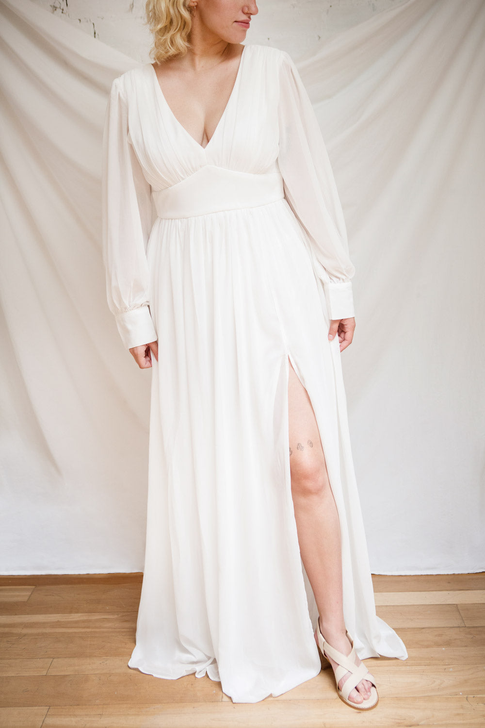 Treyloni White Long Sleeve Chiffon Maxi Bridal Dress | Boudoir 1861 model