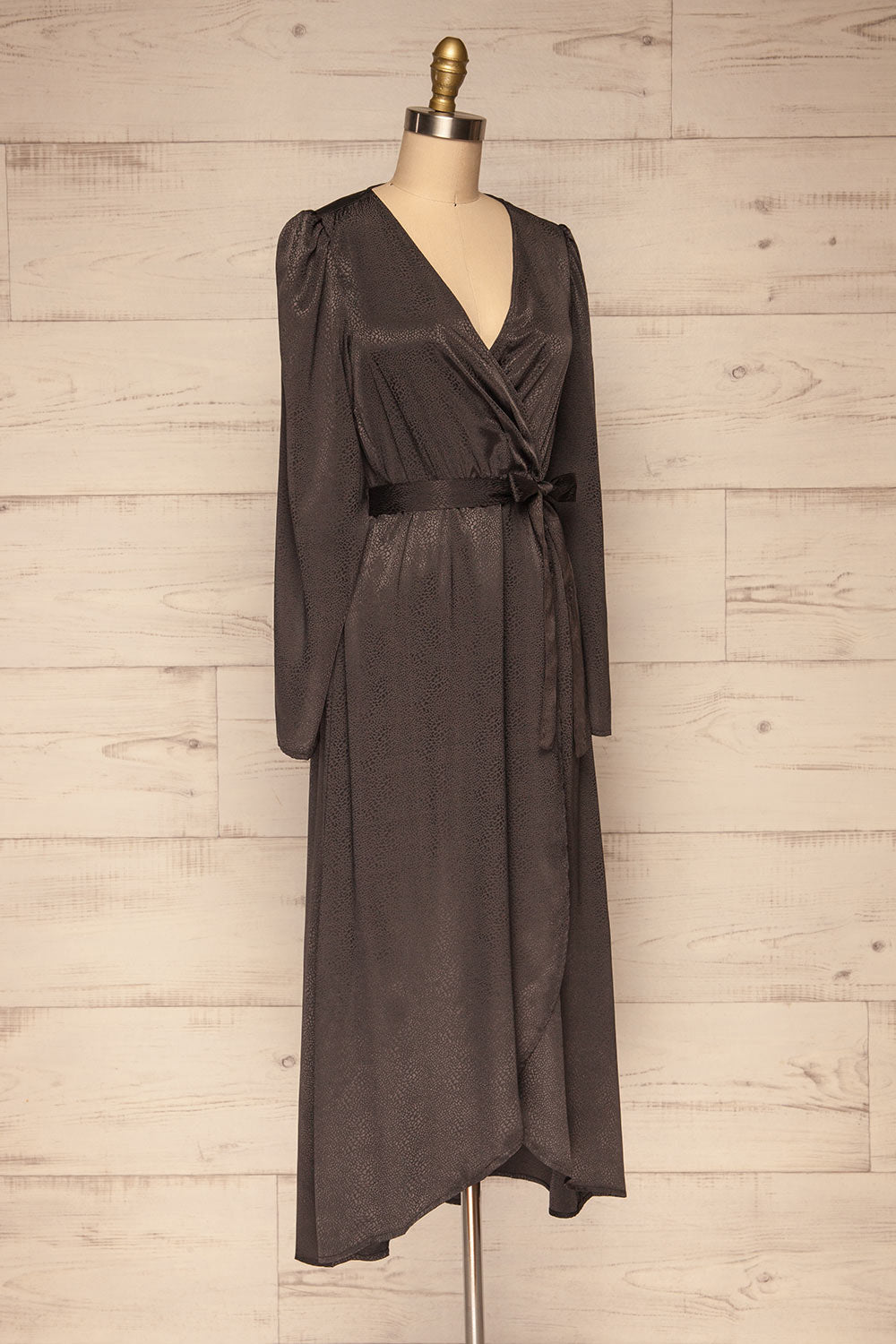 Trieste Dark Grey Satin Dress | Robe side view | La Petite Garçonne
