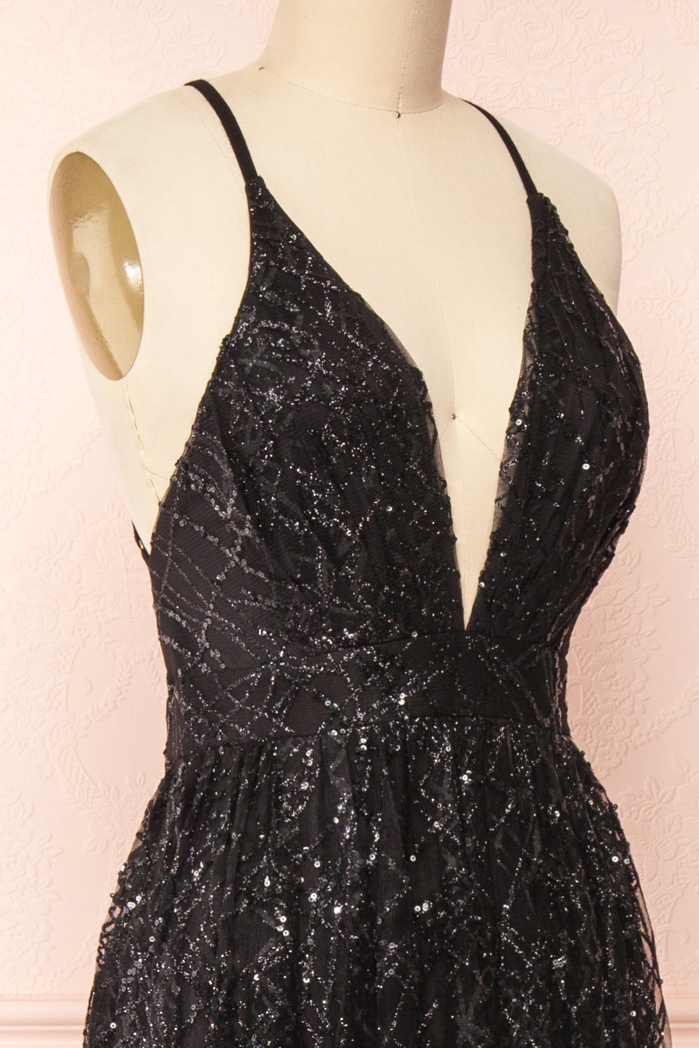 Tyffen Black Sequin Gown with Plunging Neckline | Boutique 1861 side close-up