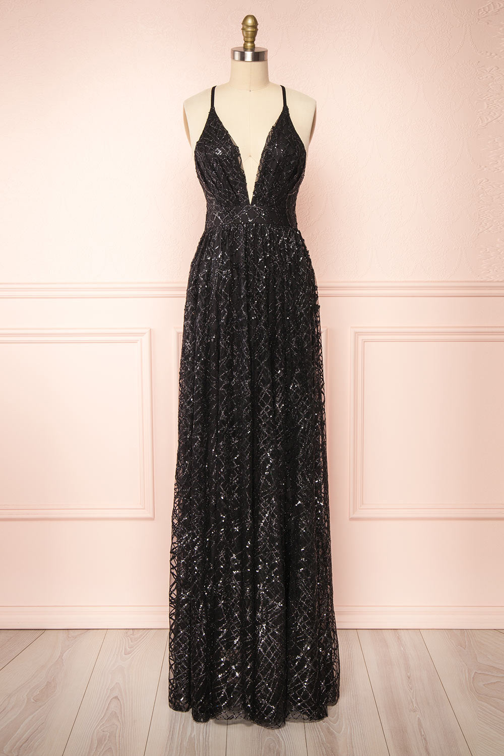 Tyffen Black Sequin Gown with Plunging Neckline | Boutique 1861 front view