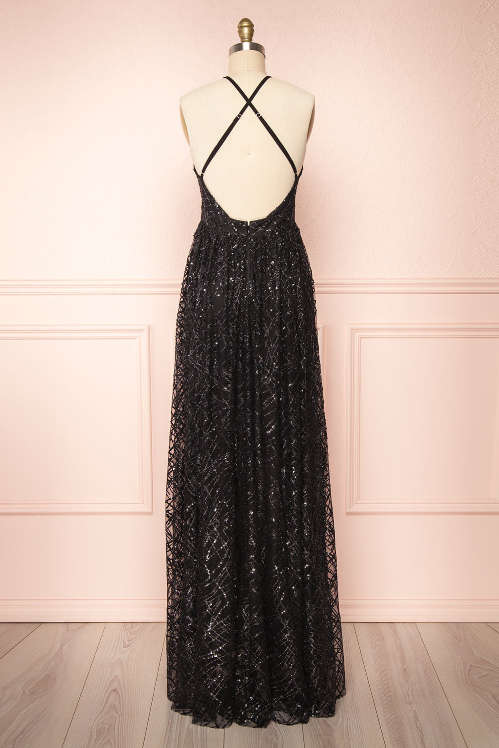 Tyffen Black Sequin Gown with Plunging Neckline | Boutique 1861 back view