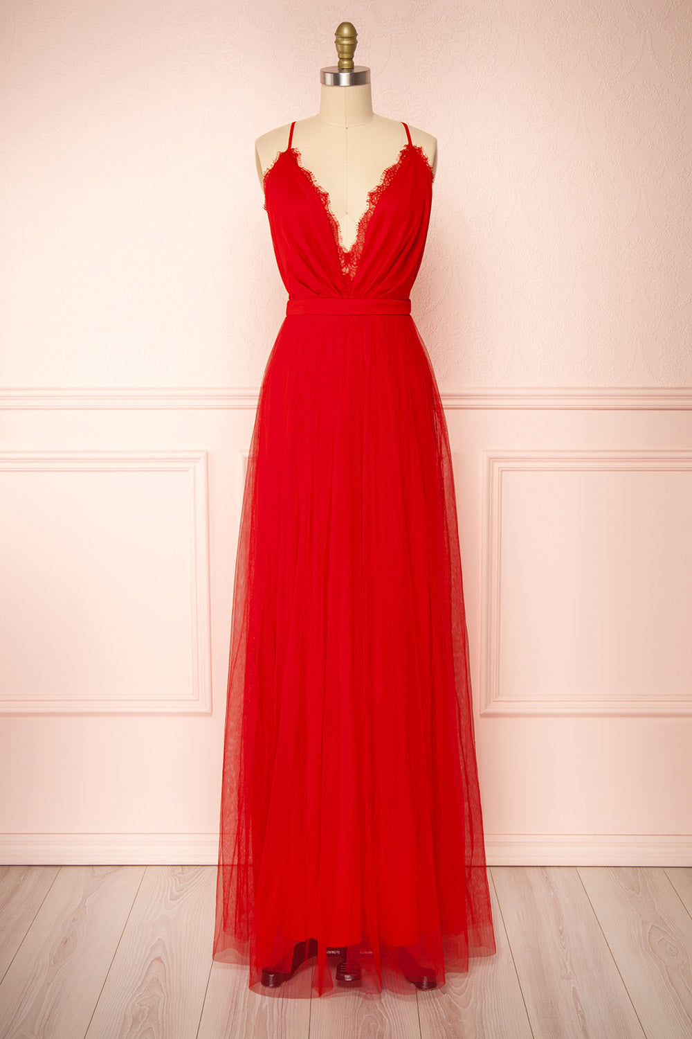 Valeska Red V-Neck Tulle Maxi Dress w/ Lace Details | Boutique 1861 front view