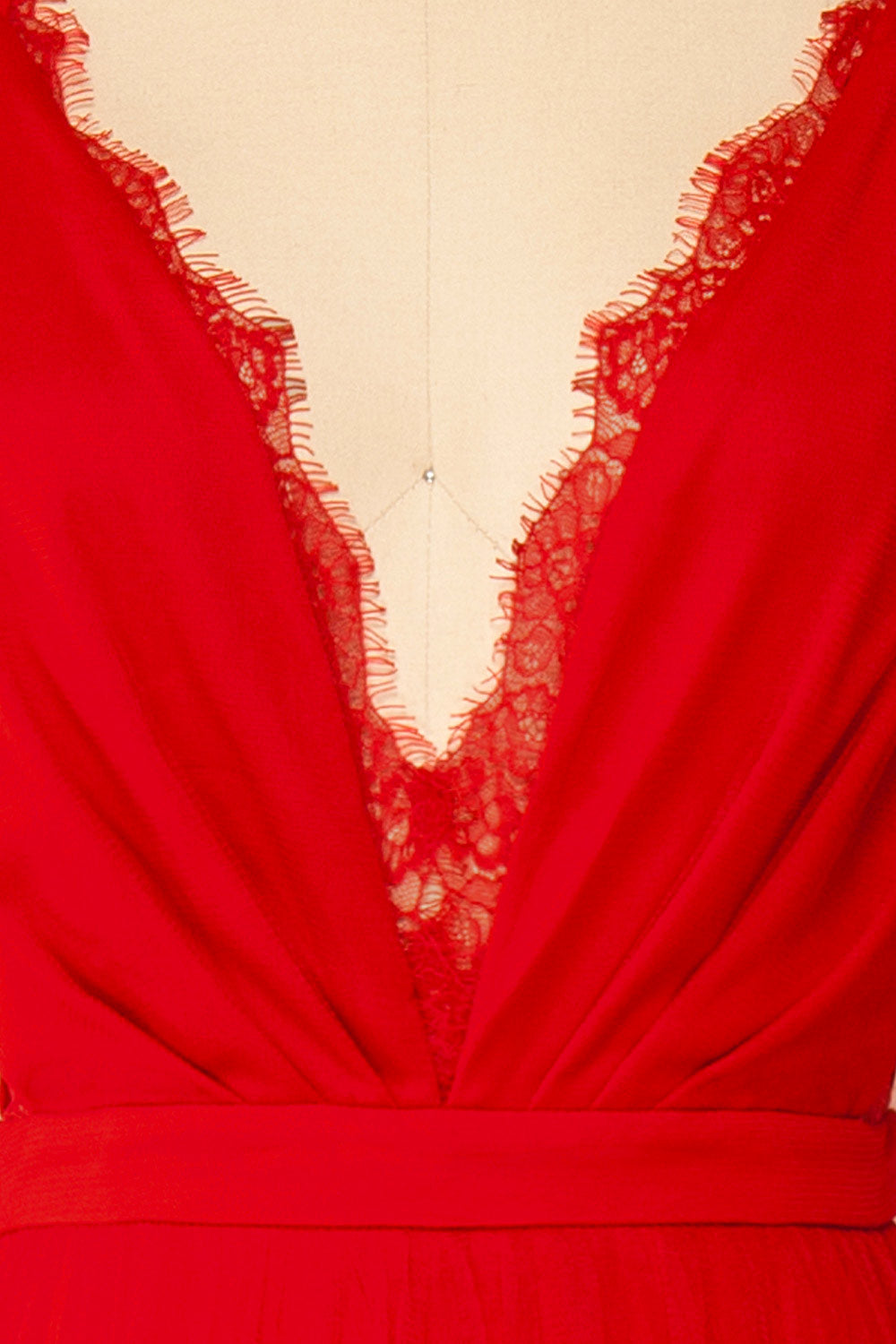 Valeska Red V-Neck Tulle Maxi Dress w/ Lace Details | Boutique 1861 fabric