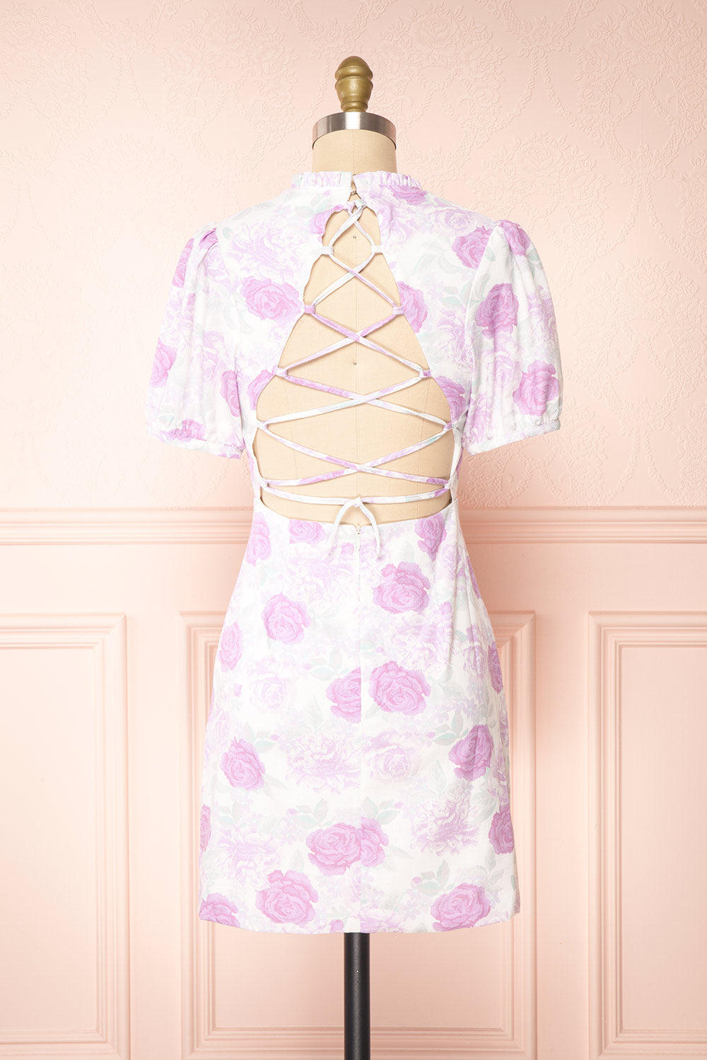 Vanamo White Floral Puffy Sleeve Short Dress | Boutique 1861 back view