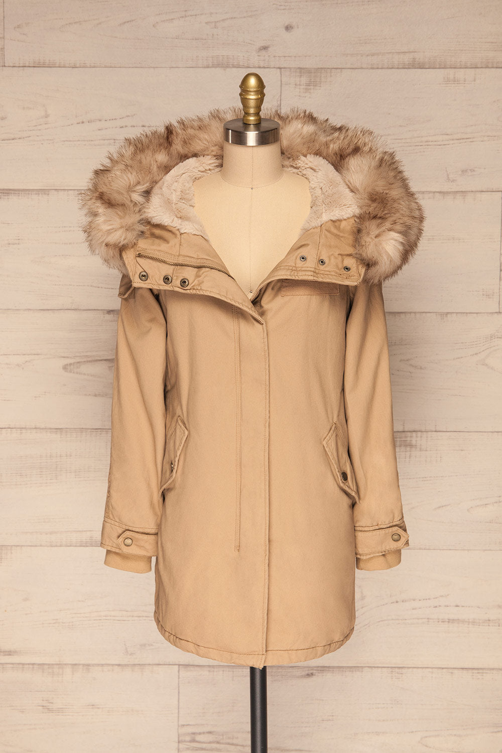 Varna Beige Parka Coat with Faux Fur Hood | La Petite Garçonne front view open