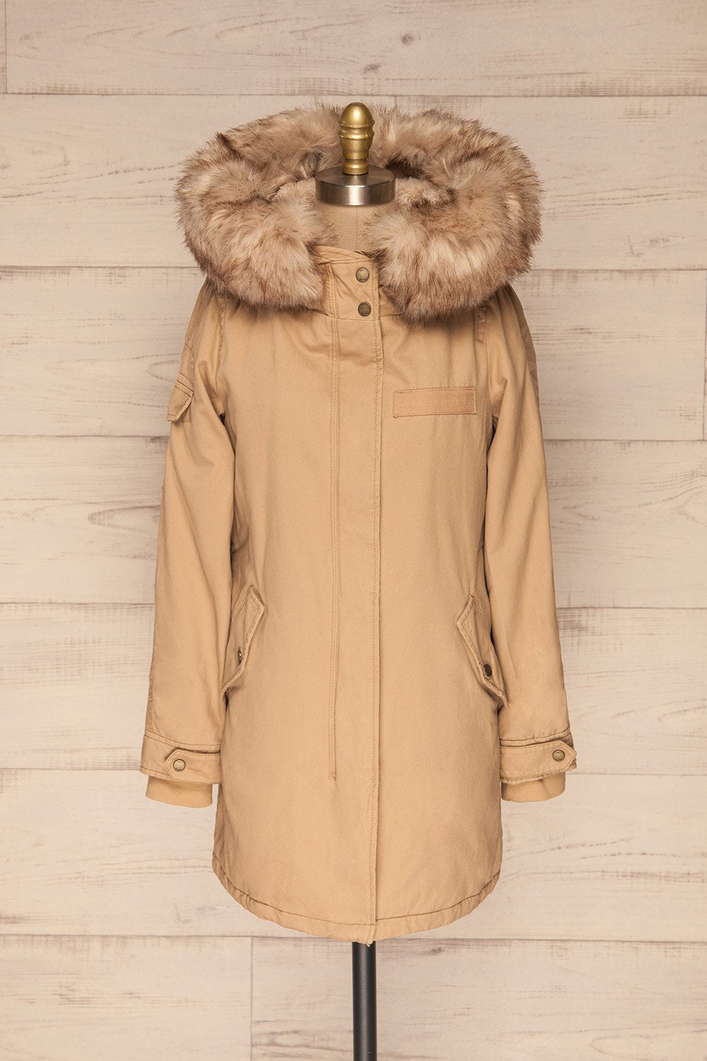 Varna Beige Parka Coat with Faux Fur Hood | La Petite Garçonne