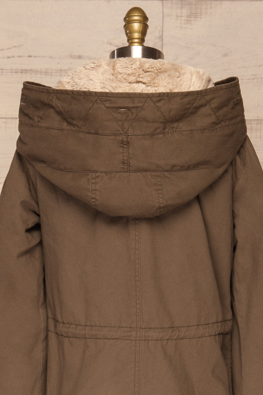 Varna Khaki Parka Coat with Faux Fur Hood | La Petite Garçonne back close-up without fur