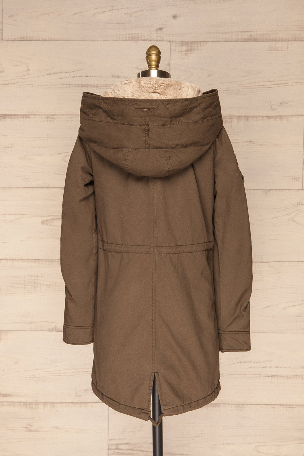 Varna Khaki Parka Coat with Faux Fur Hood | La Petite Garçonne back view without fur