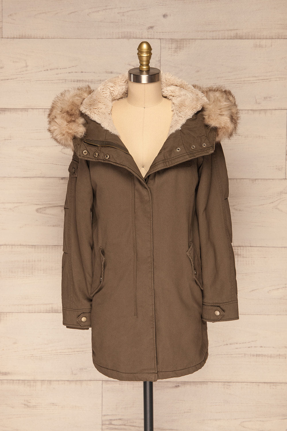 Varna Khaki Parka Coat with Faux Fur Hood | La Petite Garçonne front view open