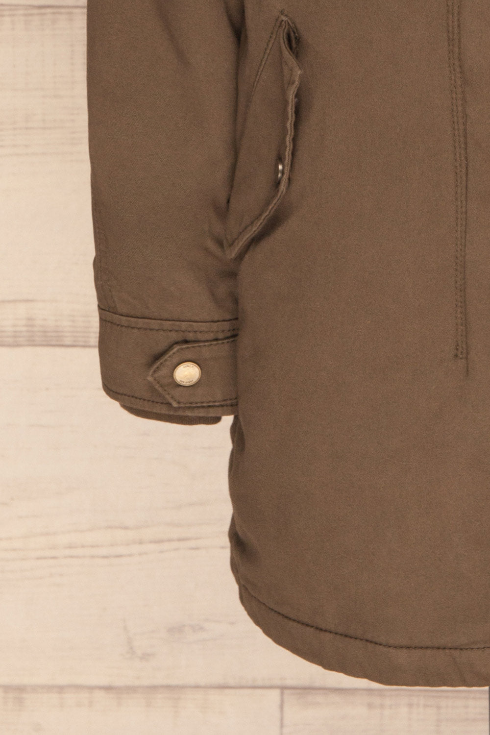 Varna Khaki Parka Coat with Faux Fur Hood | La Petite Garçonne bottom close-up