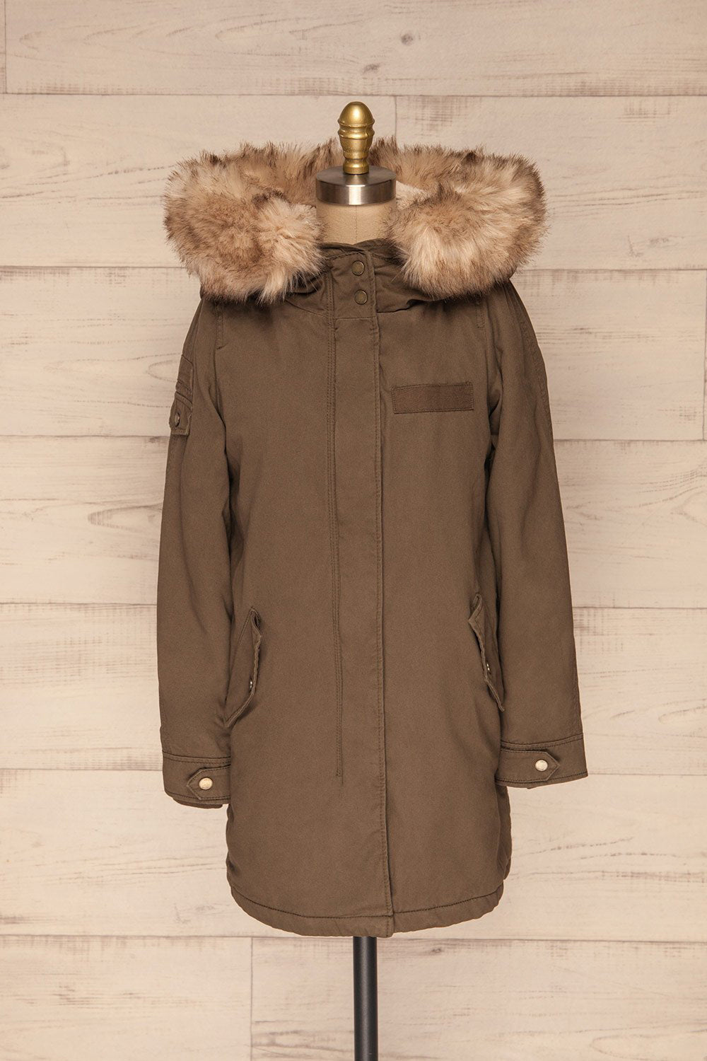 Varna Khaki Parka Coat with Faux Fur Hood | La Petite Garçonne