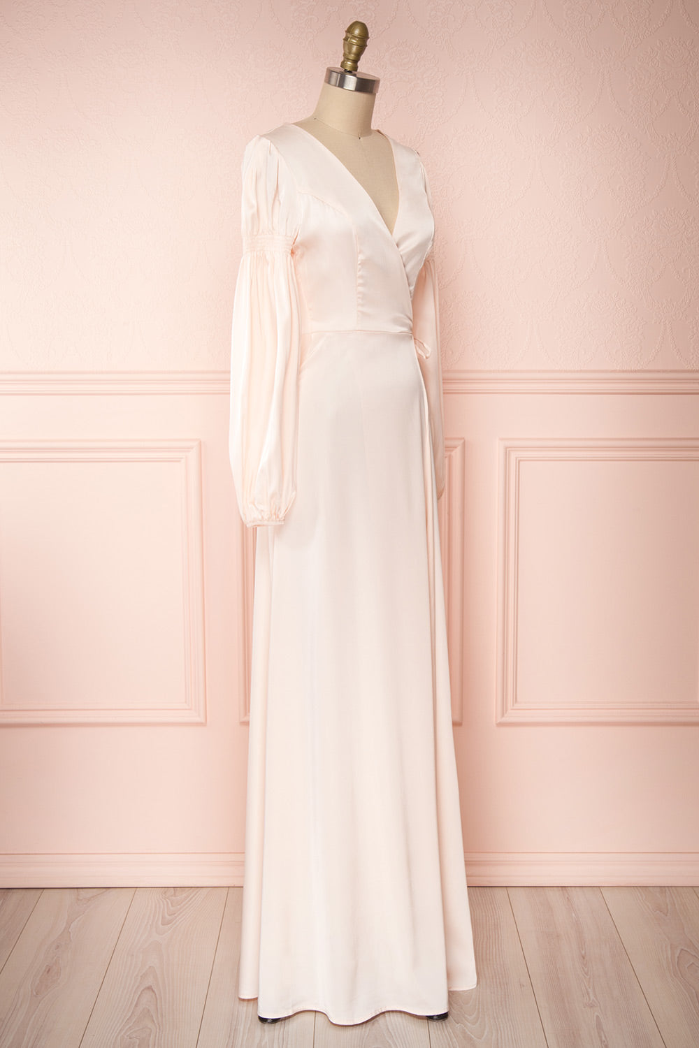 Velatura Pink Satin Wrap Dress | Robe Maxi | Boudoir 1861 side view
