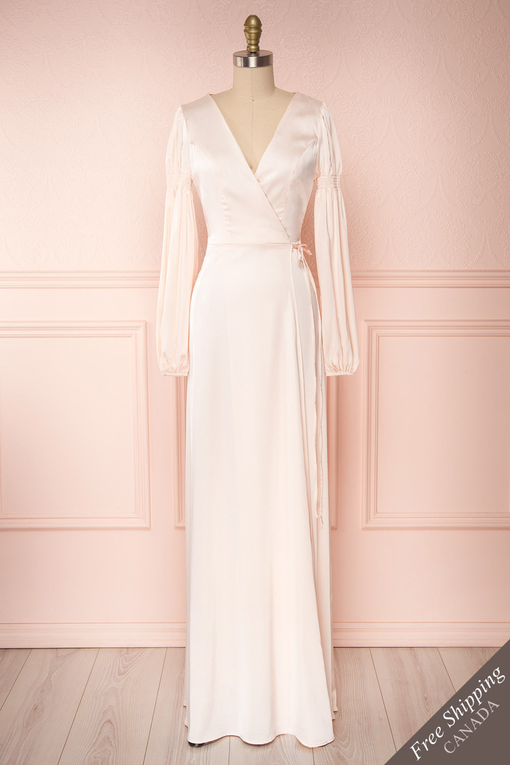 Velatura Pink Satin Wrap Dress | Robe Maxi | Boudoir 1861 front view