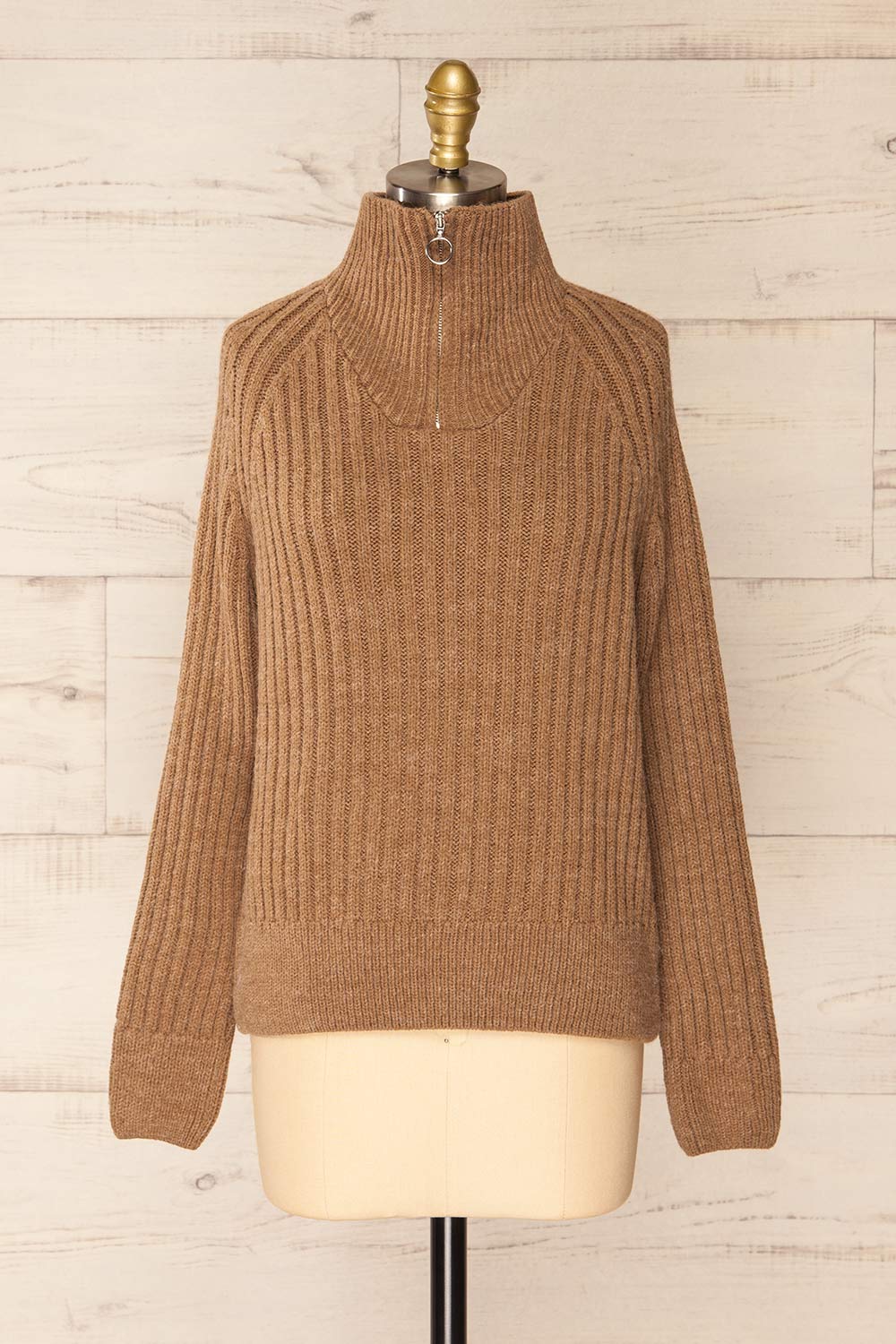 Villaggio Caramel Quarter-Zip Ribbed Knit Sweater | La petite garçonne front view