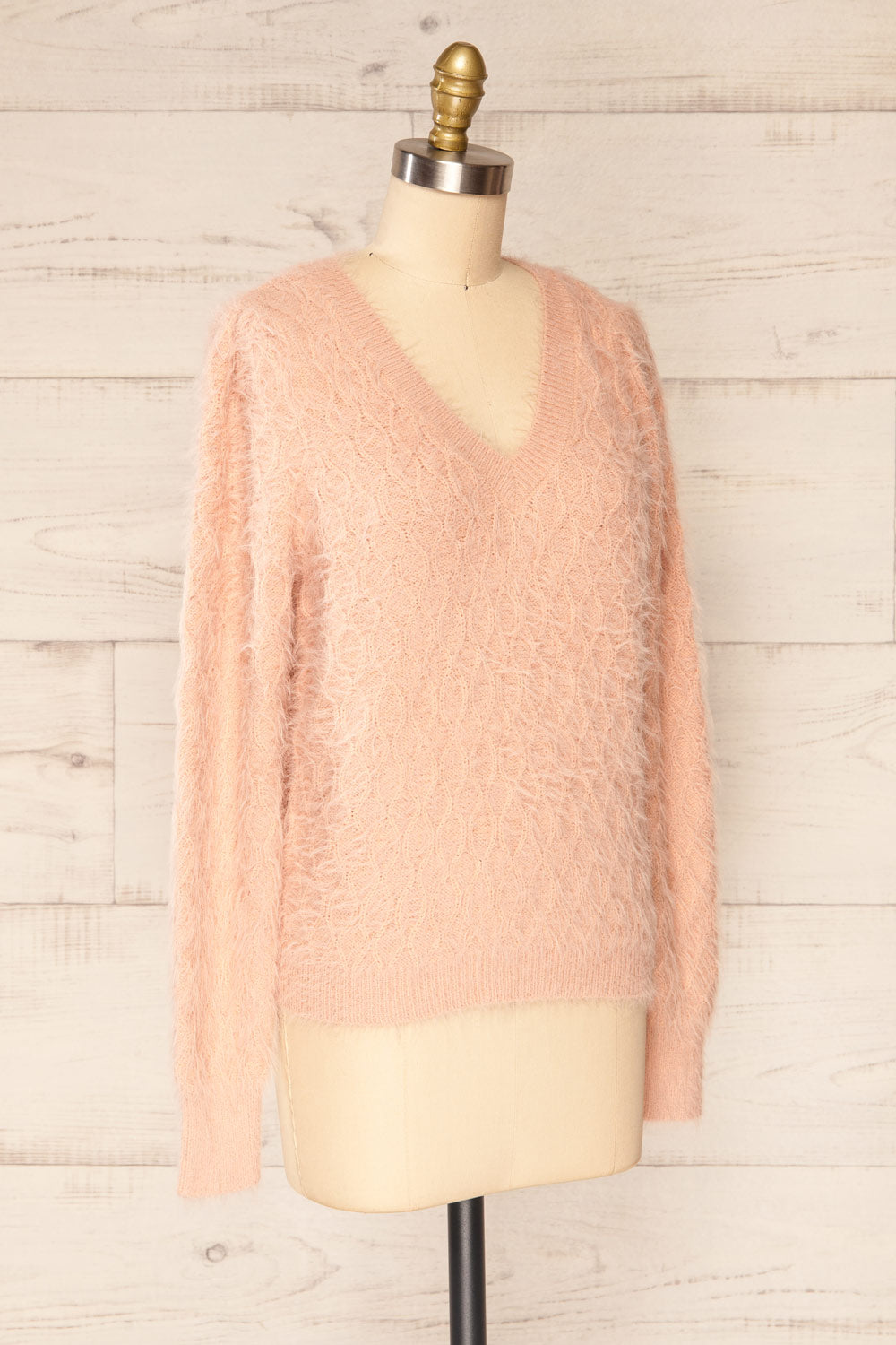 Vinitsa Blush Fuzzy V-Neck Sweater | La petite garçonne side view