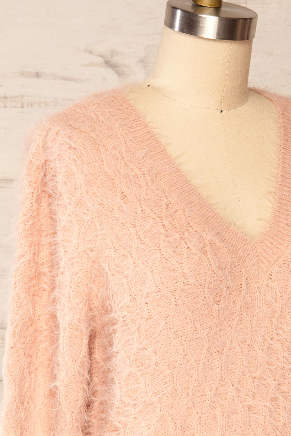 Vinitsa Blush Fuzzy V-Neck Sweater | La petite garçonne side close up