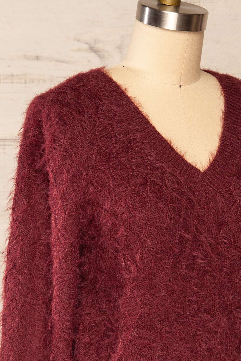 Vinitsa Burgundy Fuzzy V-Neck Sweater | La petite garçonne side close up