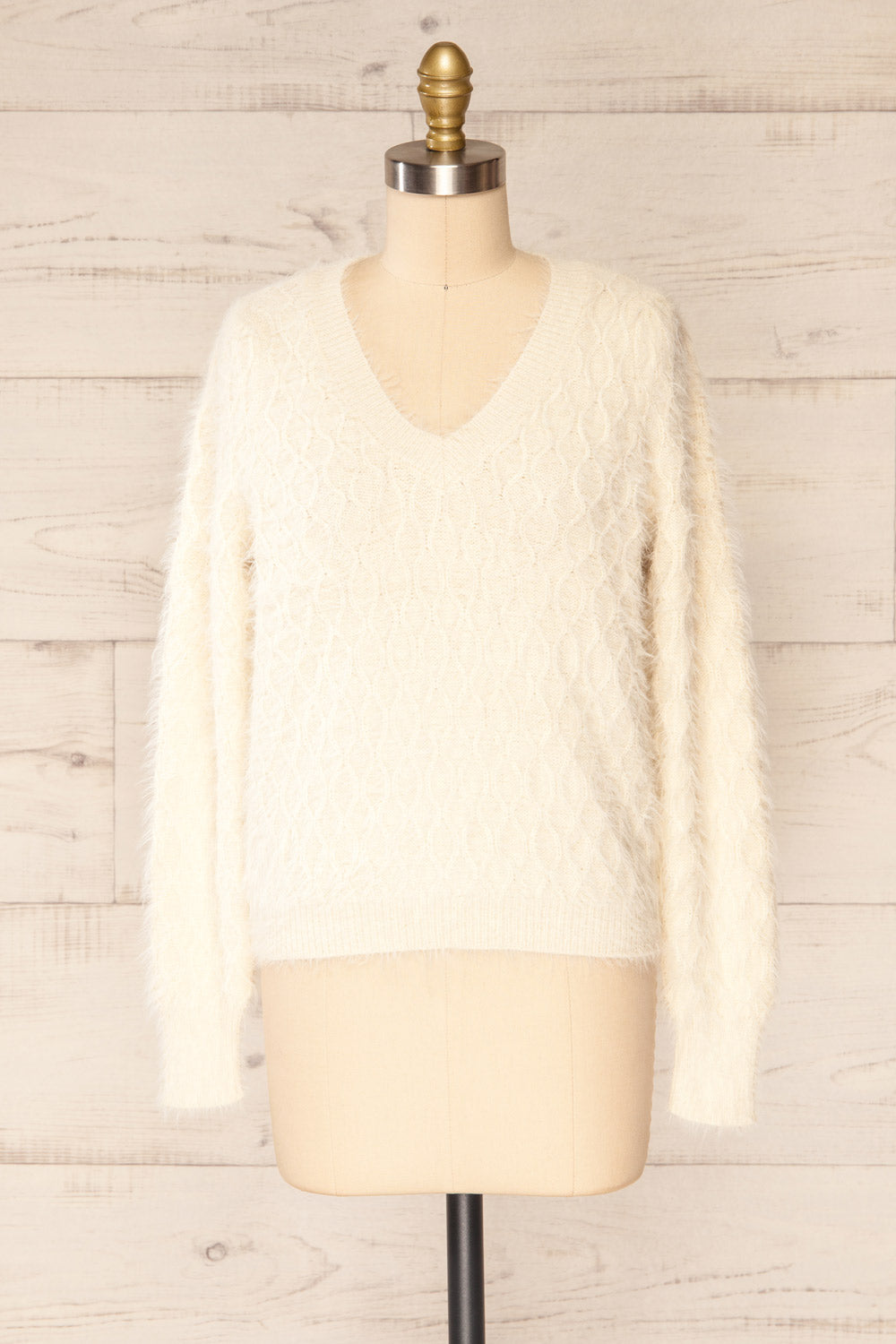 Vinitsa Cream Fuzzy V-Neck Sweater | La petite garçonne front view