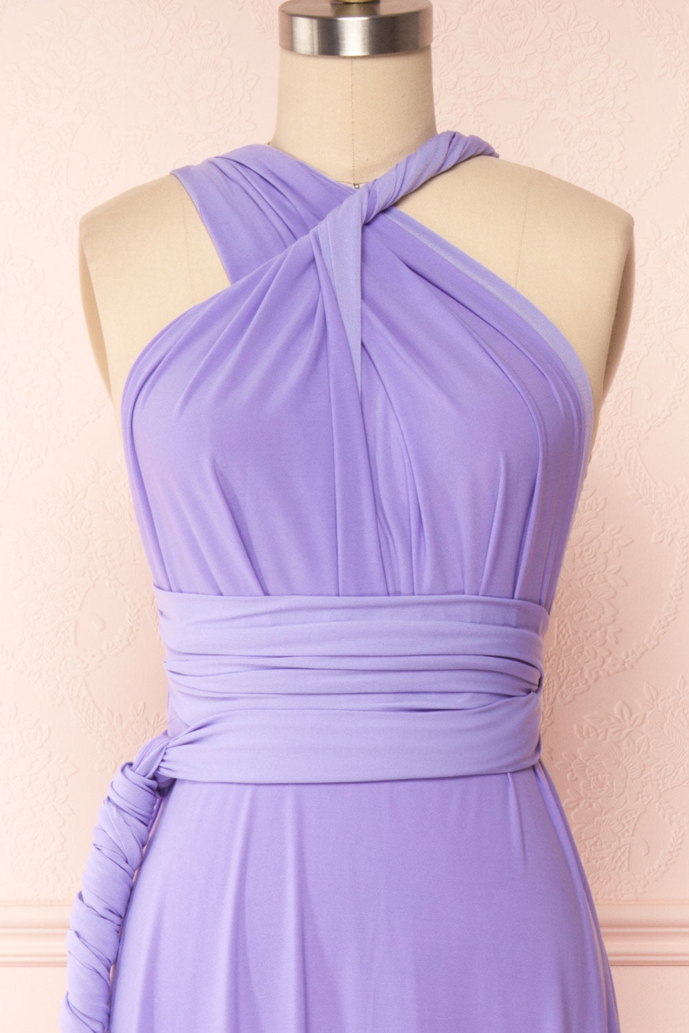 Violaine Lilac Convertible Maxi Dress | Boutique 1861 front close up neck