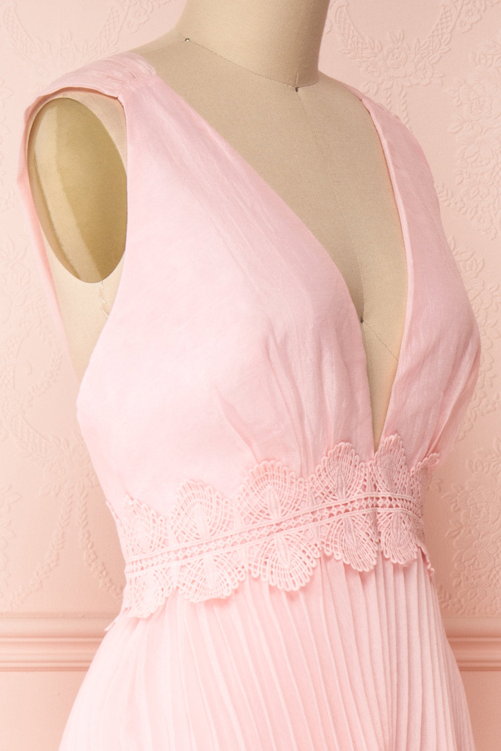 Viridiana Light Pink Pleated Maxi Prom Dress | Boutique 1861 side close-up