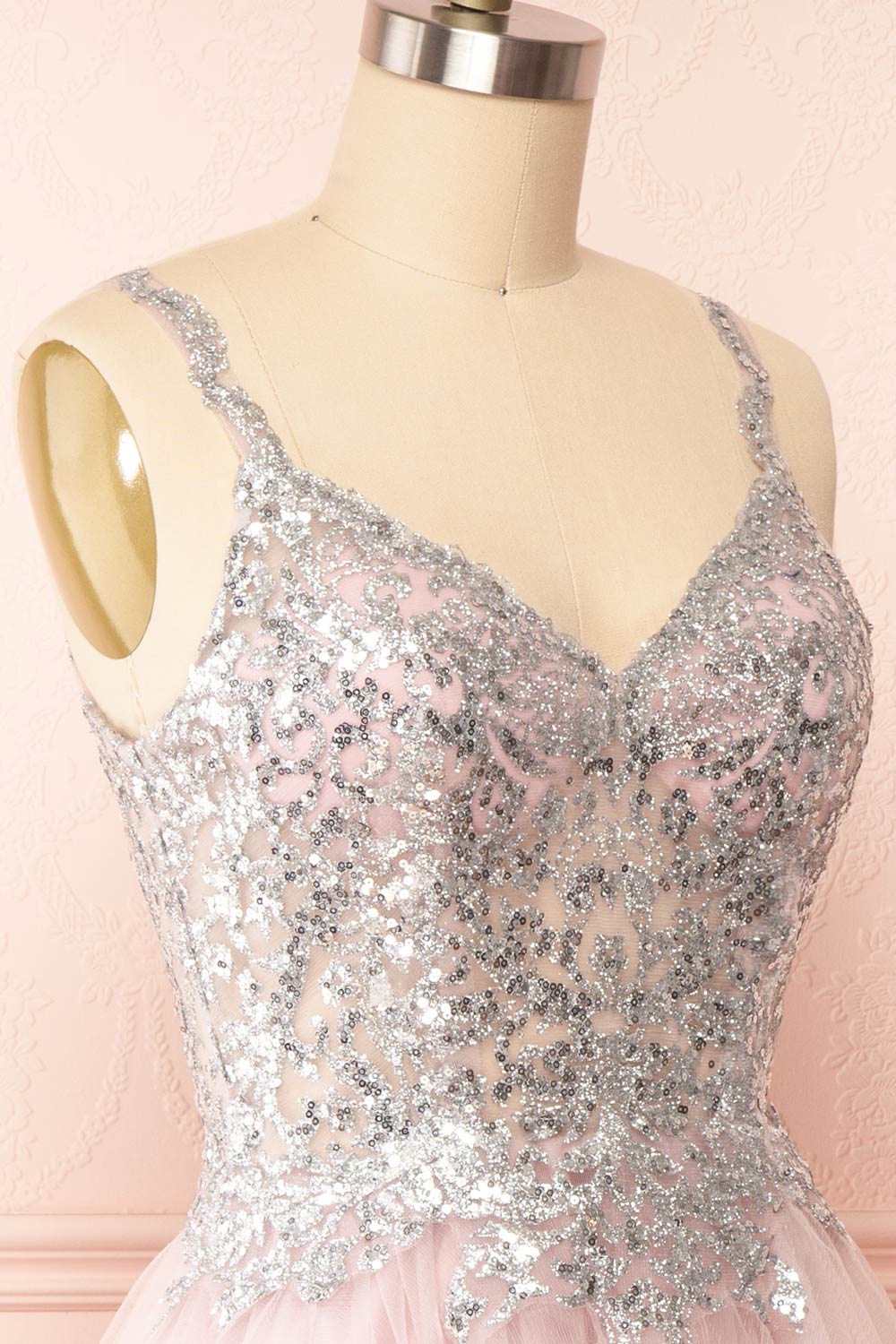 Vivianne Mauve Short A-Line Tulle Dress w/ Sequins | Boutique 1861 - side close up