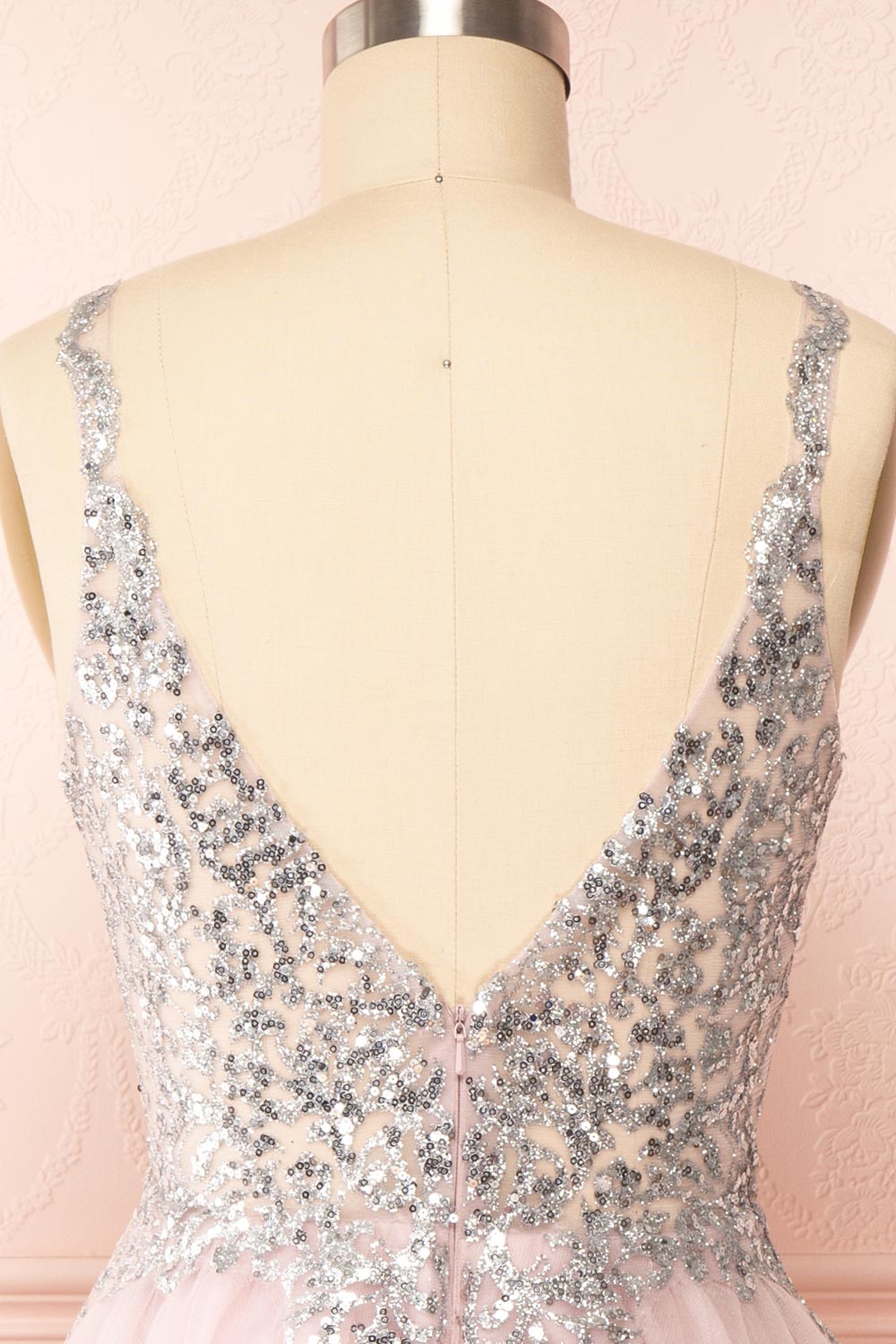 Vivianne Mauve Short A-Line Tulle Dress w/ Sequins | Boutique 1861 - back close up