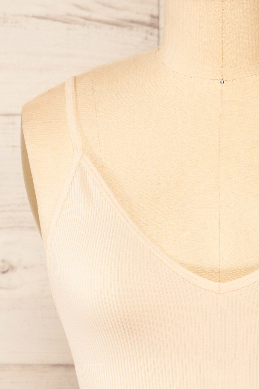 Vlora Beige V-Neck Ribbed Bralette | La petite garçonne front close-up