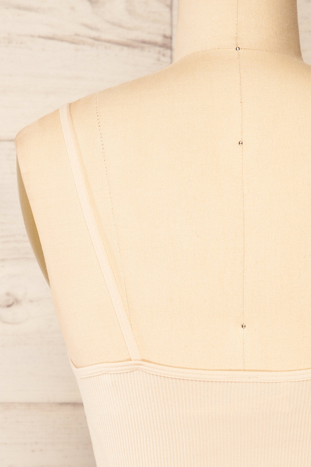 Vlora Beige V-Neck Ribbed Bralette | La petite garçonne back close-up