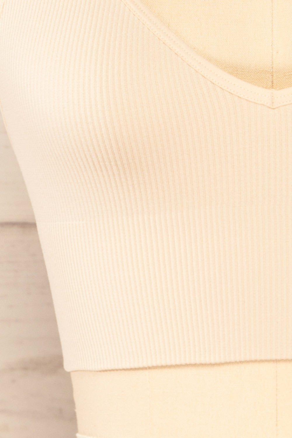 Vlora Beige V-Neck Ribbed Bralette | La petite garçonne fabric