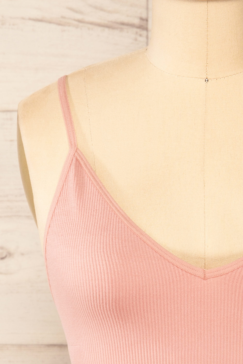 Vlora Pink V-Neck Ribbed Bralette | La petite garçonne front close-up