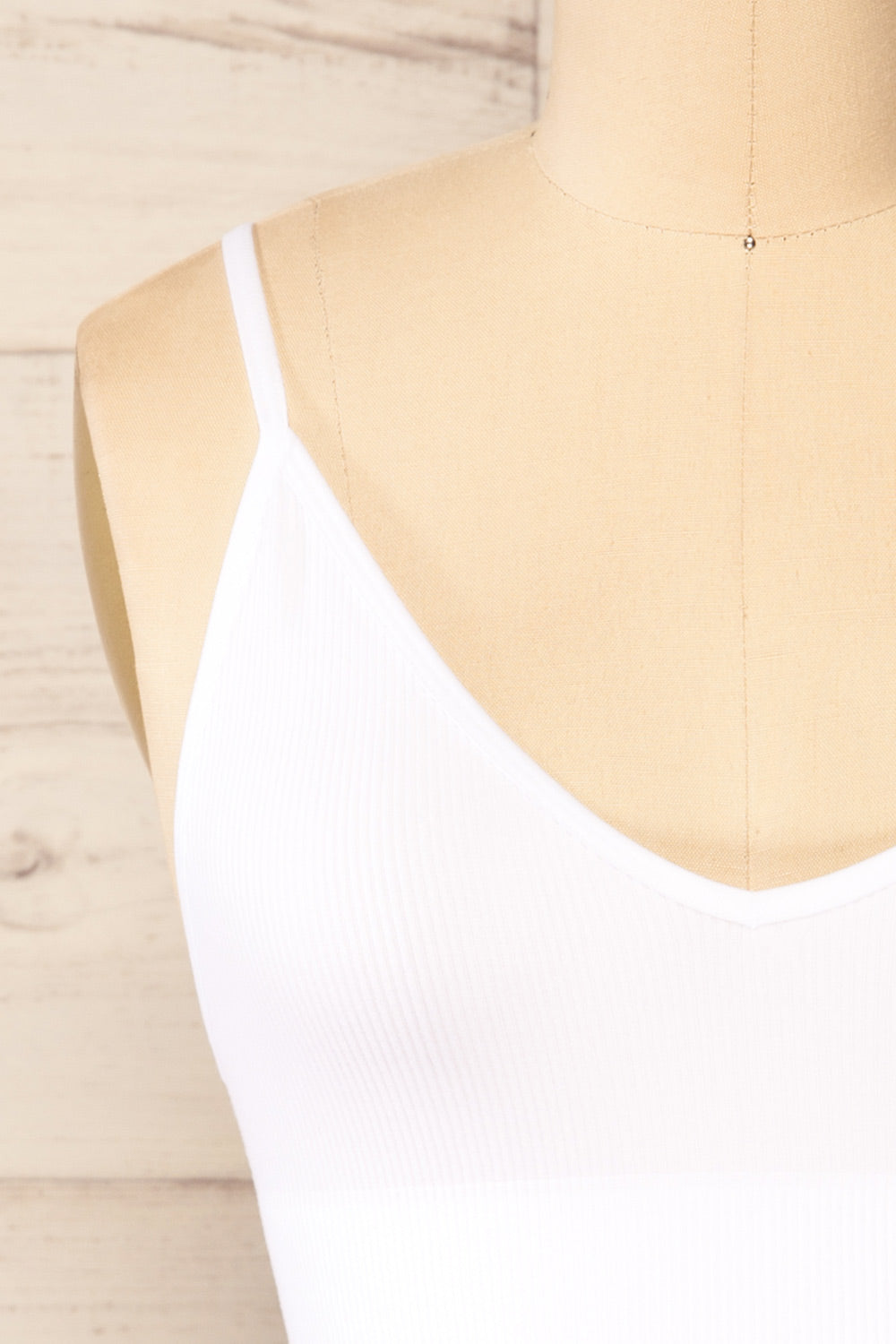 Vlora White V-Neck Ribbed Bralette | La petite garçonne front close-up
