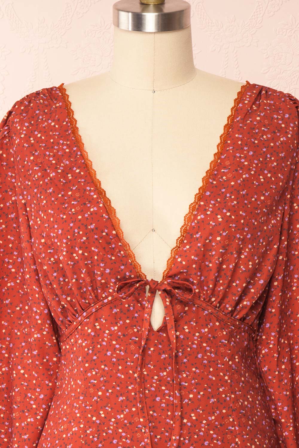 Weigela Puff Short Floral Dress w/ Long Sleeves | Boutique 1861 front close up