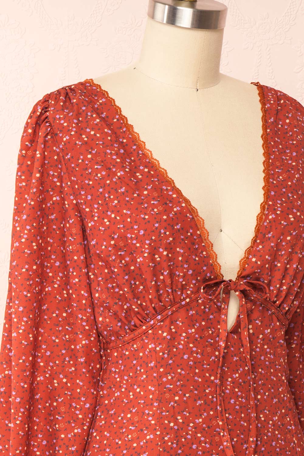 Weigela Puff Short Floral Dress w/ Long Sleeves | Boutique 1861 side close up