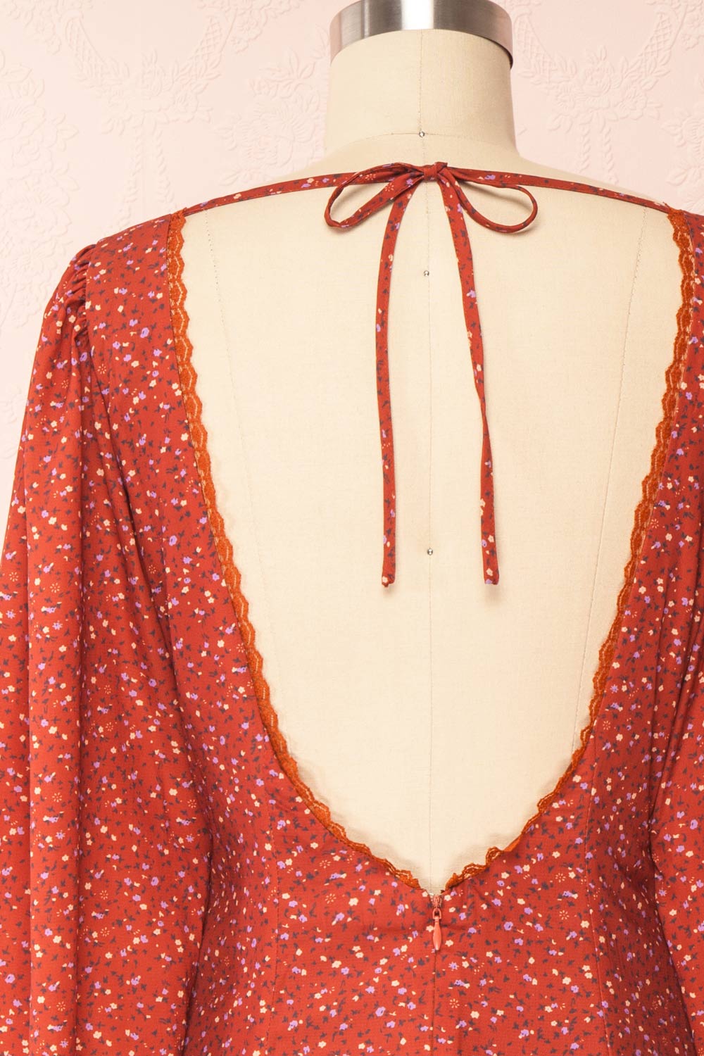 Weigela Puff Short Floral Dress w/ Long Sleeves | Boutique 1861 back close up