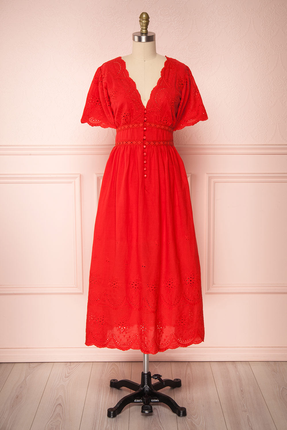 Werda Tomato Red Lace Details A-Line Midi Dress | Boutique 1861