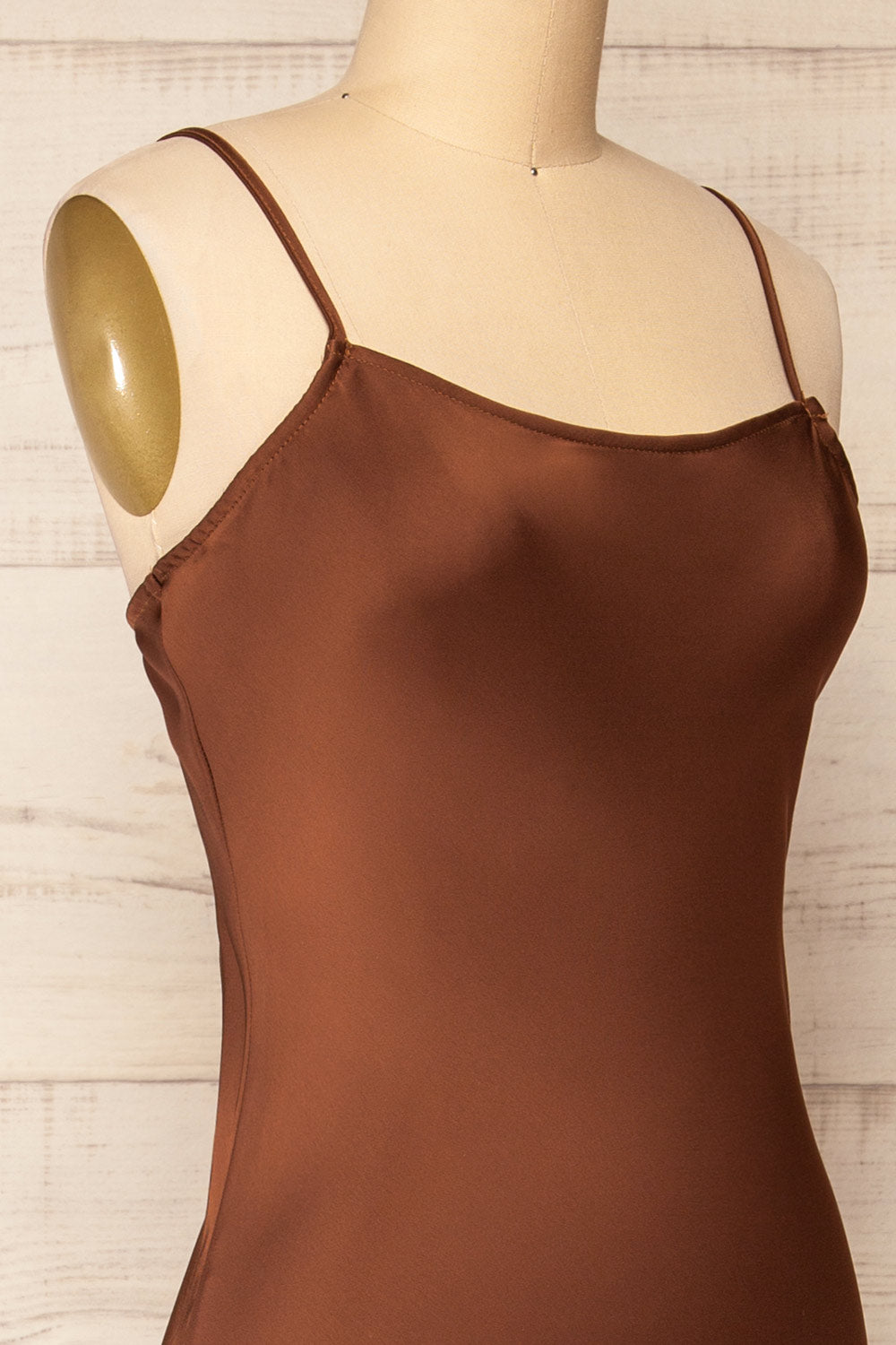 Xilloux Brown Midi Slip Dress w/ Adjustable Straps | La petite garçonne side close-up