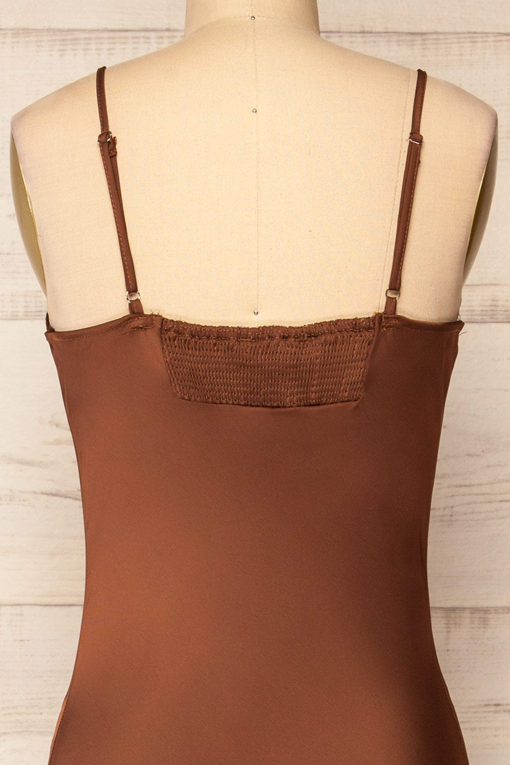 Xilloux Brown Midi Slip Dress w/ Adjustable Straps | La petite garçonne back close-up