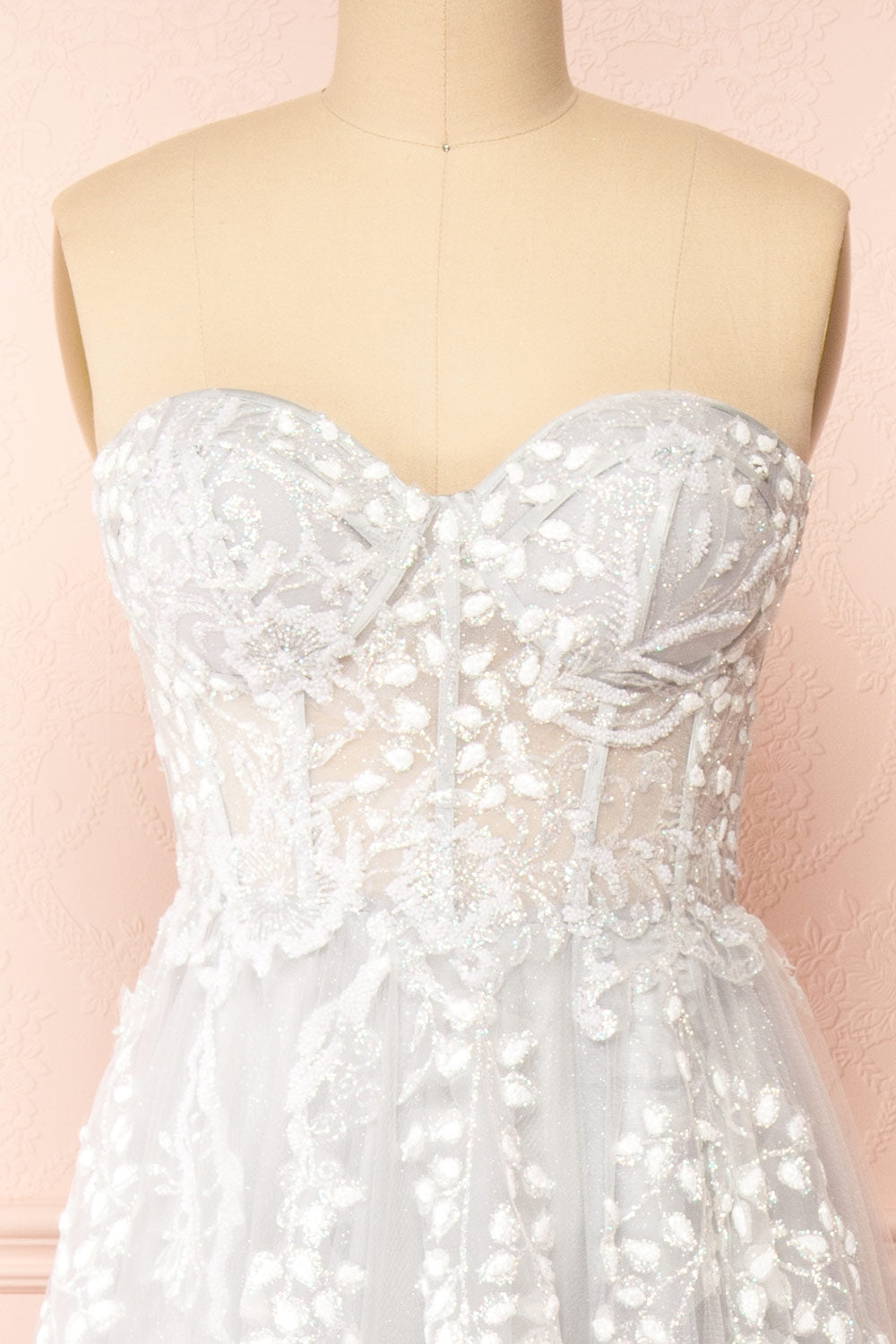 Ylouis Blue Embroidered Bustier Maxi Dress | Boudoir 1861 front close-up