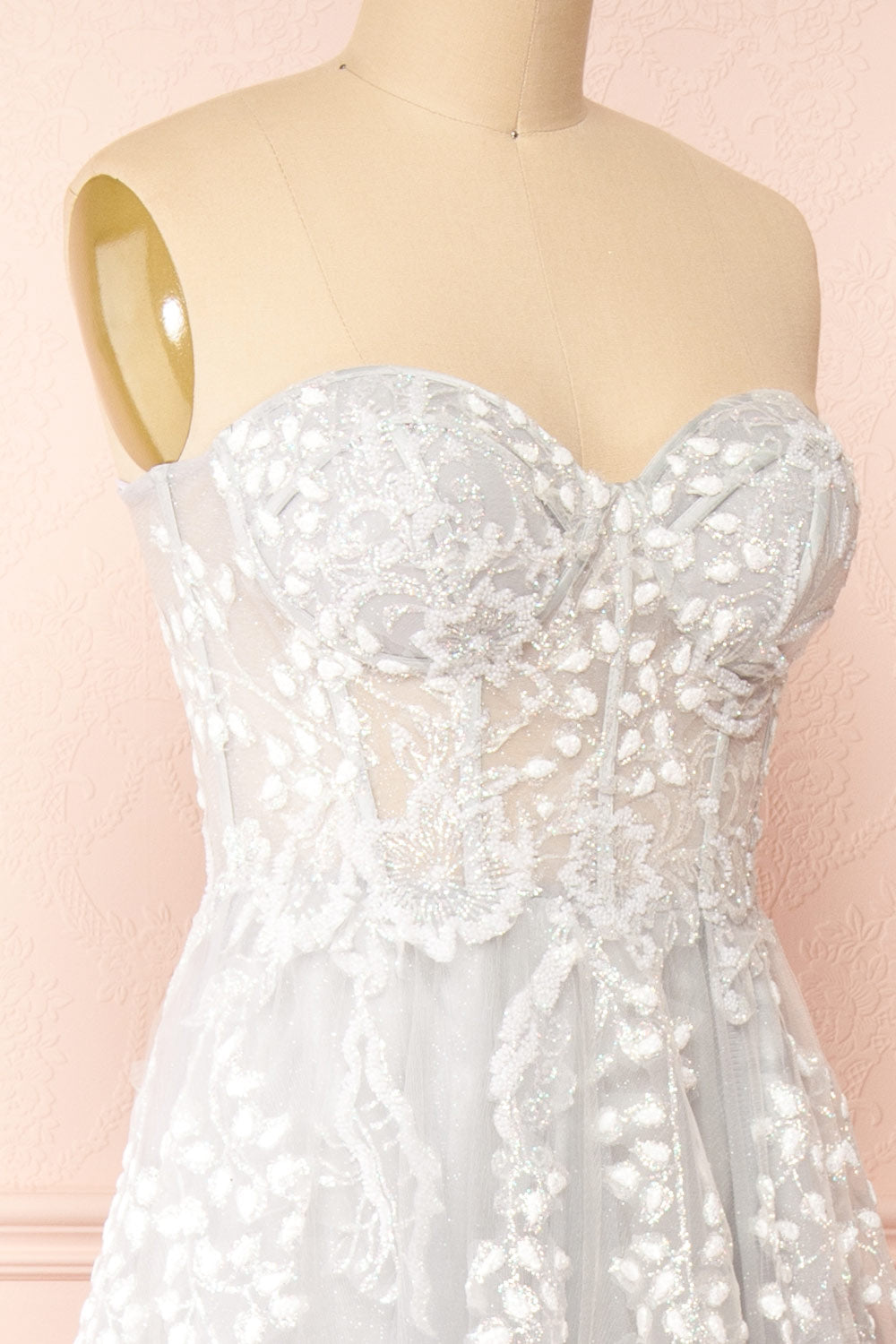 Ylouis Blue Embroidered Bustier Maxi Dress | Boudoir 1861 side close-up