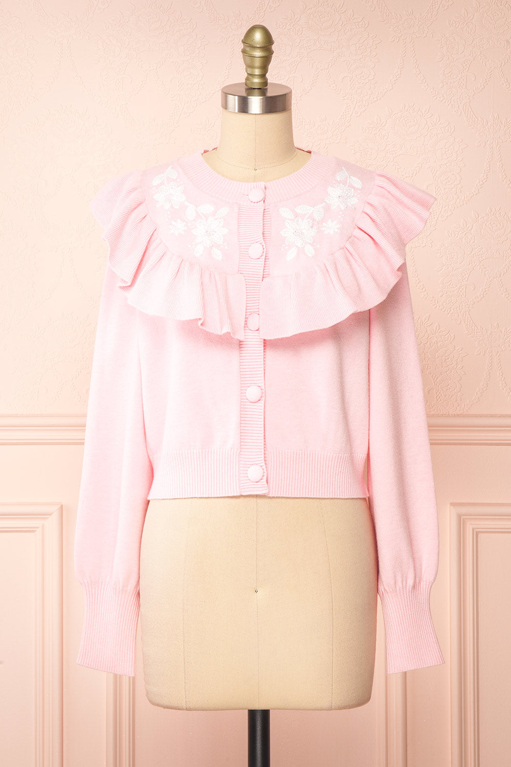 Youjeen Pink Knit Cardigan w/ Ruffles | Boutique 1861 front view