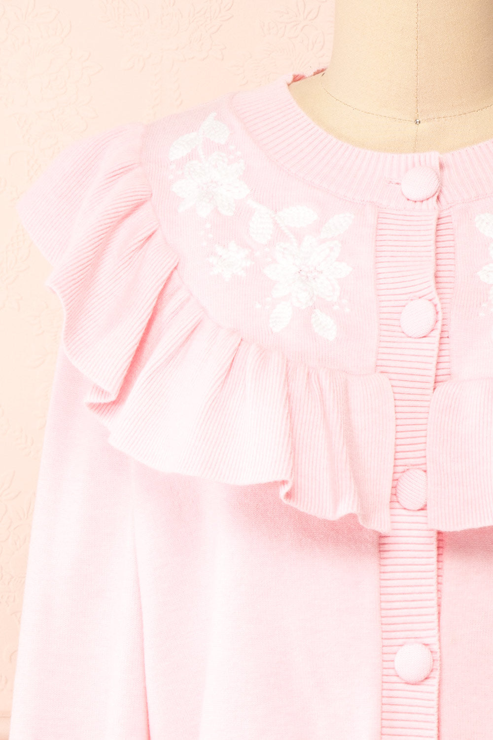 Youjeen Pink Knit Cardigan w/ Ruffles | Boutique 1861 front close-up