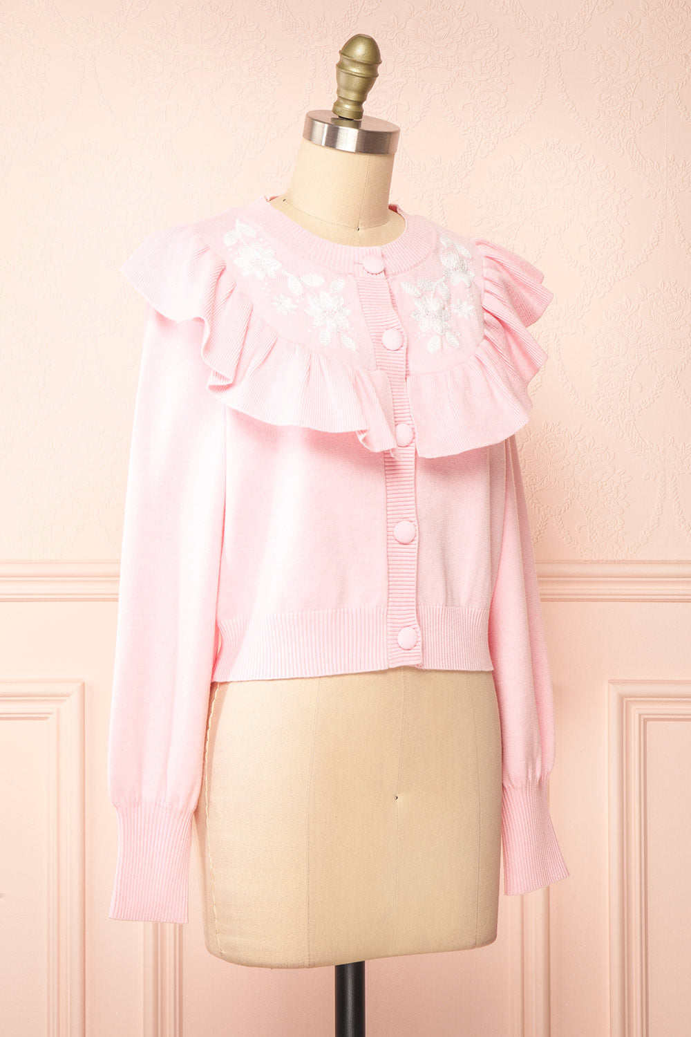 Youjeen Pink Knit Cardigan w/ Ruffles | Boutique 1861 side view
