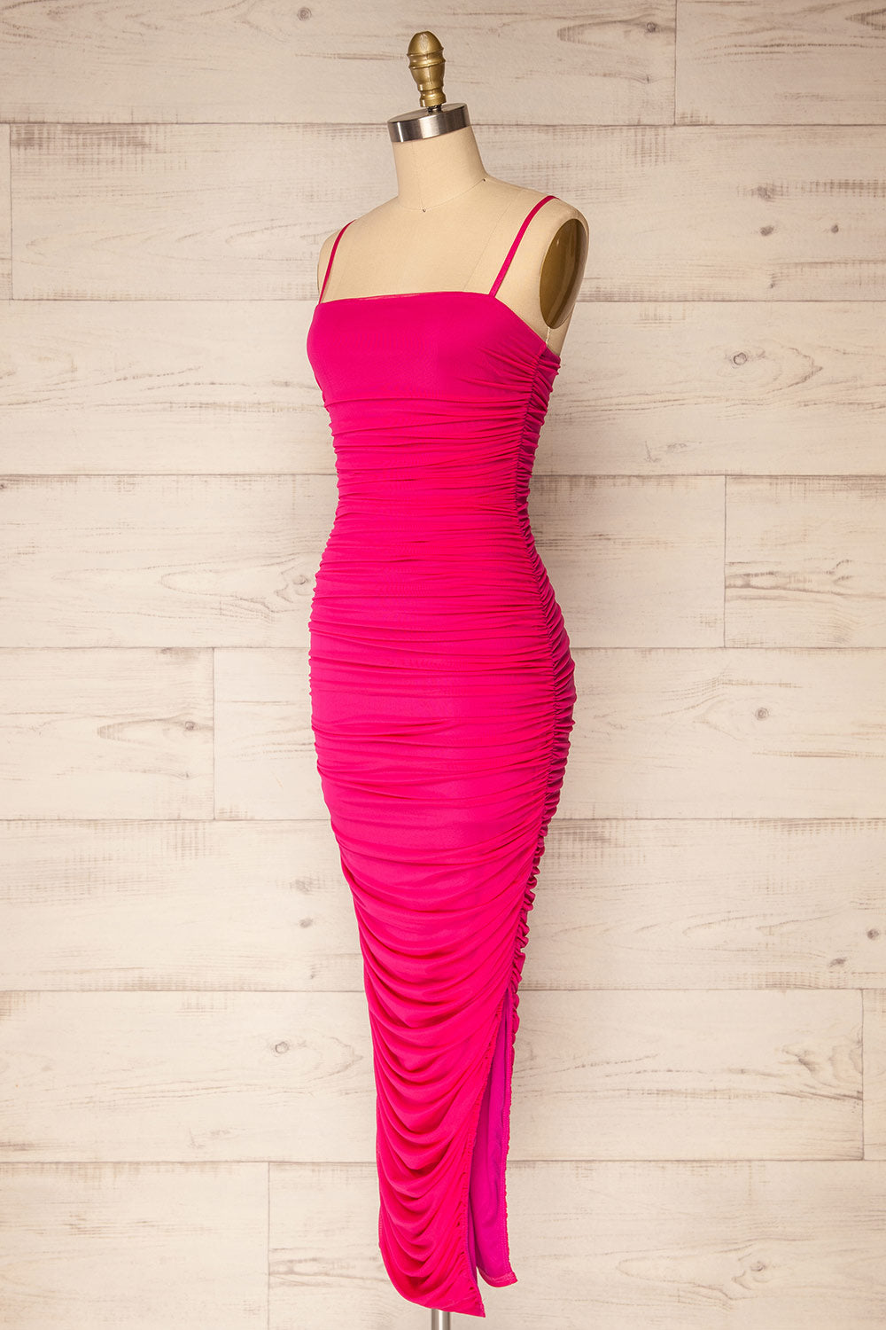 Yurtof Fuchsia Fitted Ruched Midi Dress | La petite garçonne side view