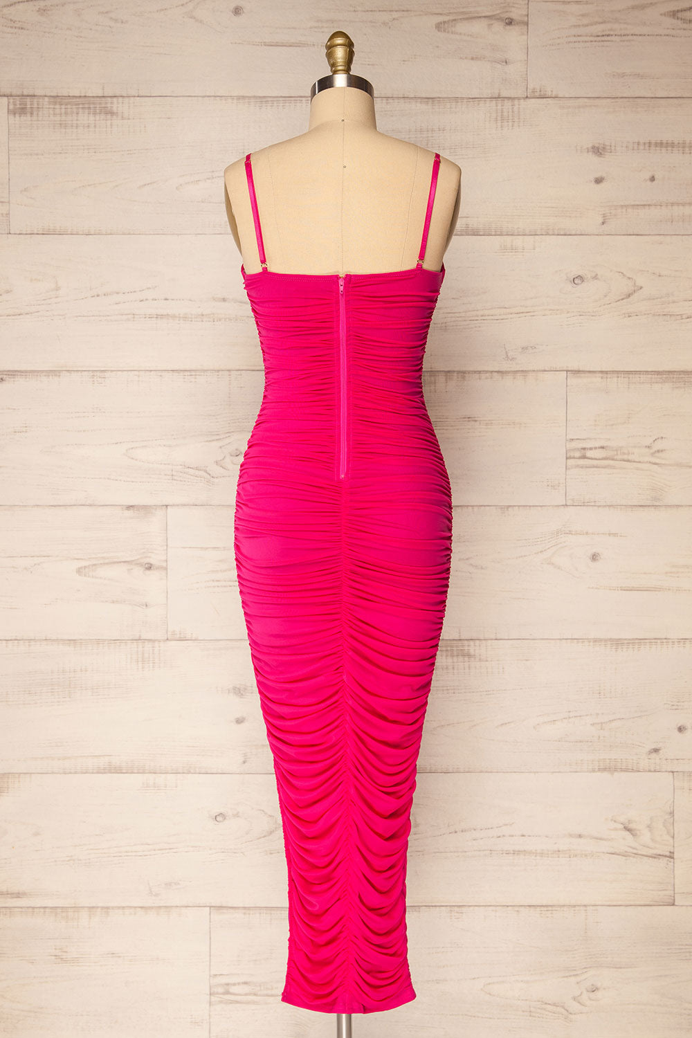 Yurtof Fuchsia Fitted Ruched Midi Dress | La petite garçonne back view