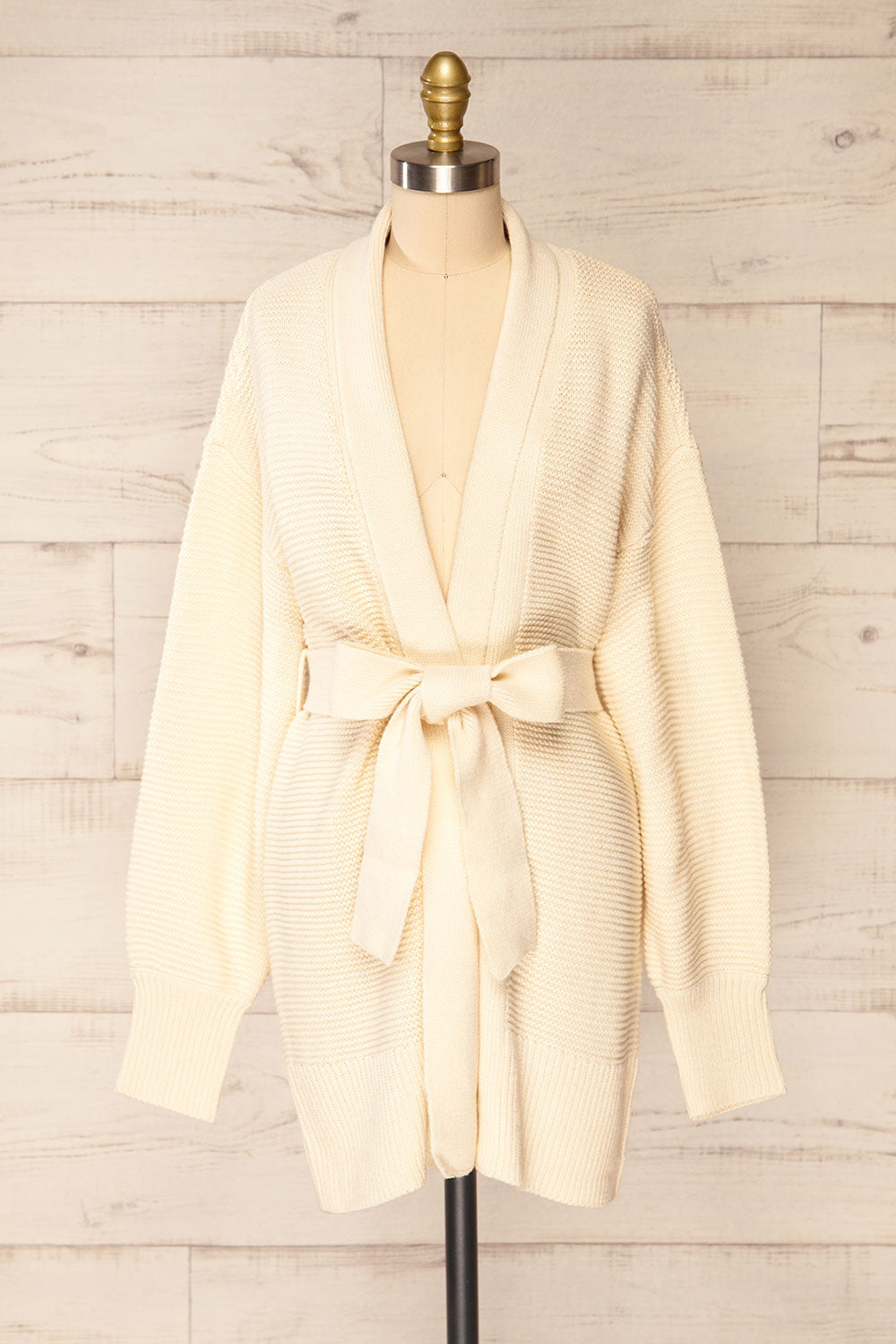 Yvelain Beige Long Knit Cardigan w/ Belt | La petite garçonne front view