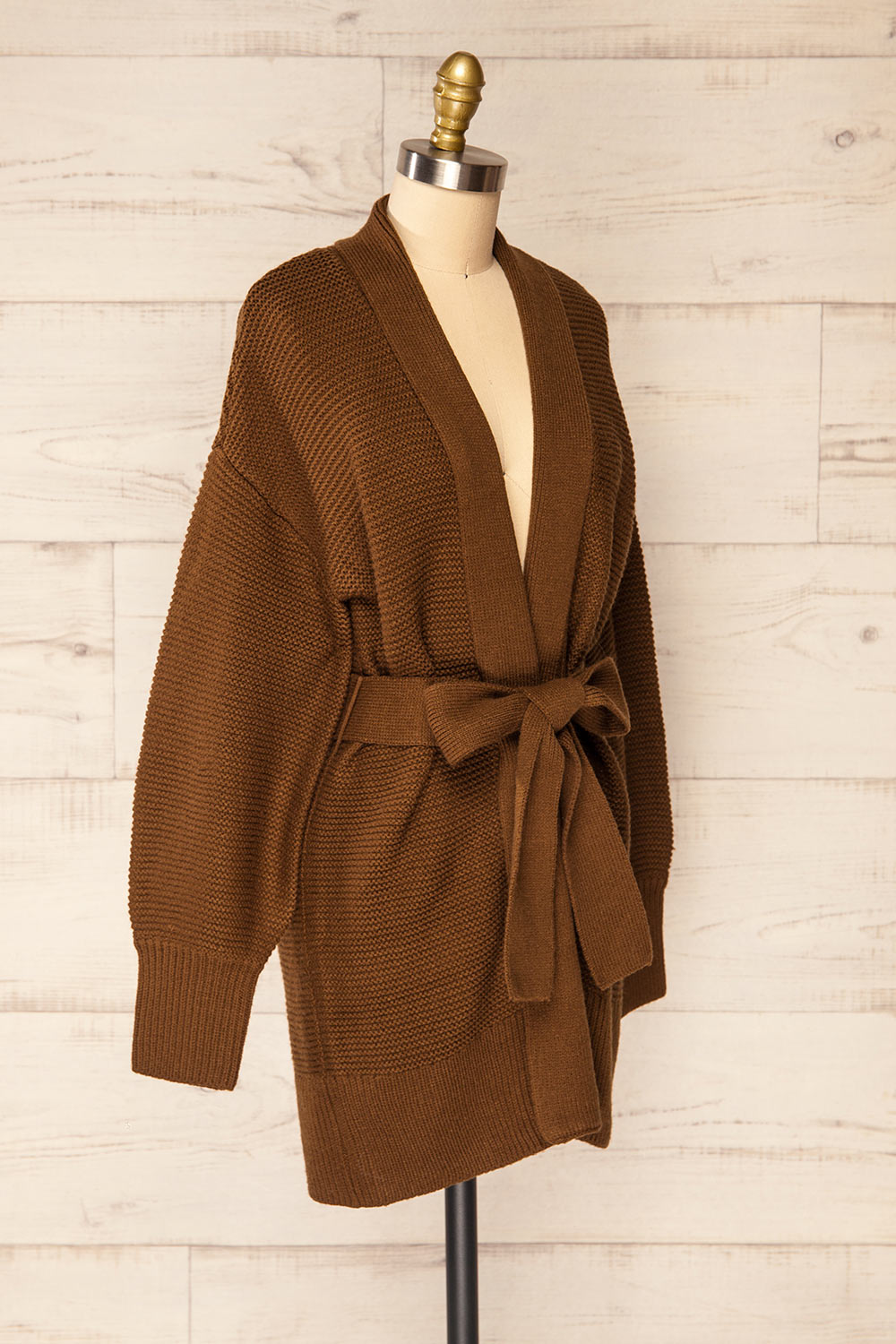 Yvelain Brown Long Knit Cardigan w/ Belt | La petite garçonne side view