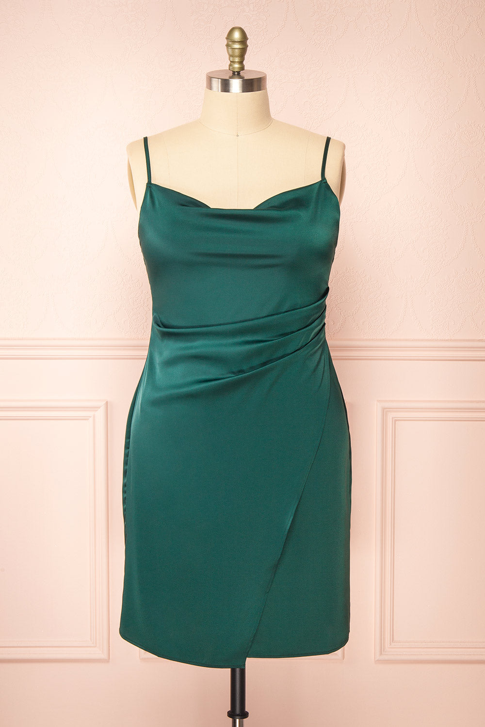 Zaina Green Cowl Neck Satin Slip Dress | Boutique 1861  front plus size