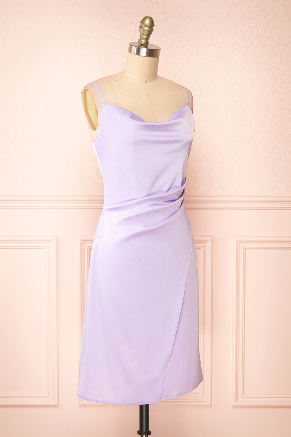 Zaina Lilac Cowl Neck Satin Slip Dress | Boutique 1861  side view 