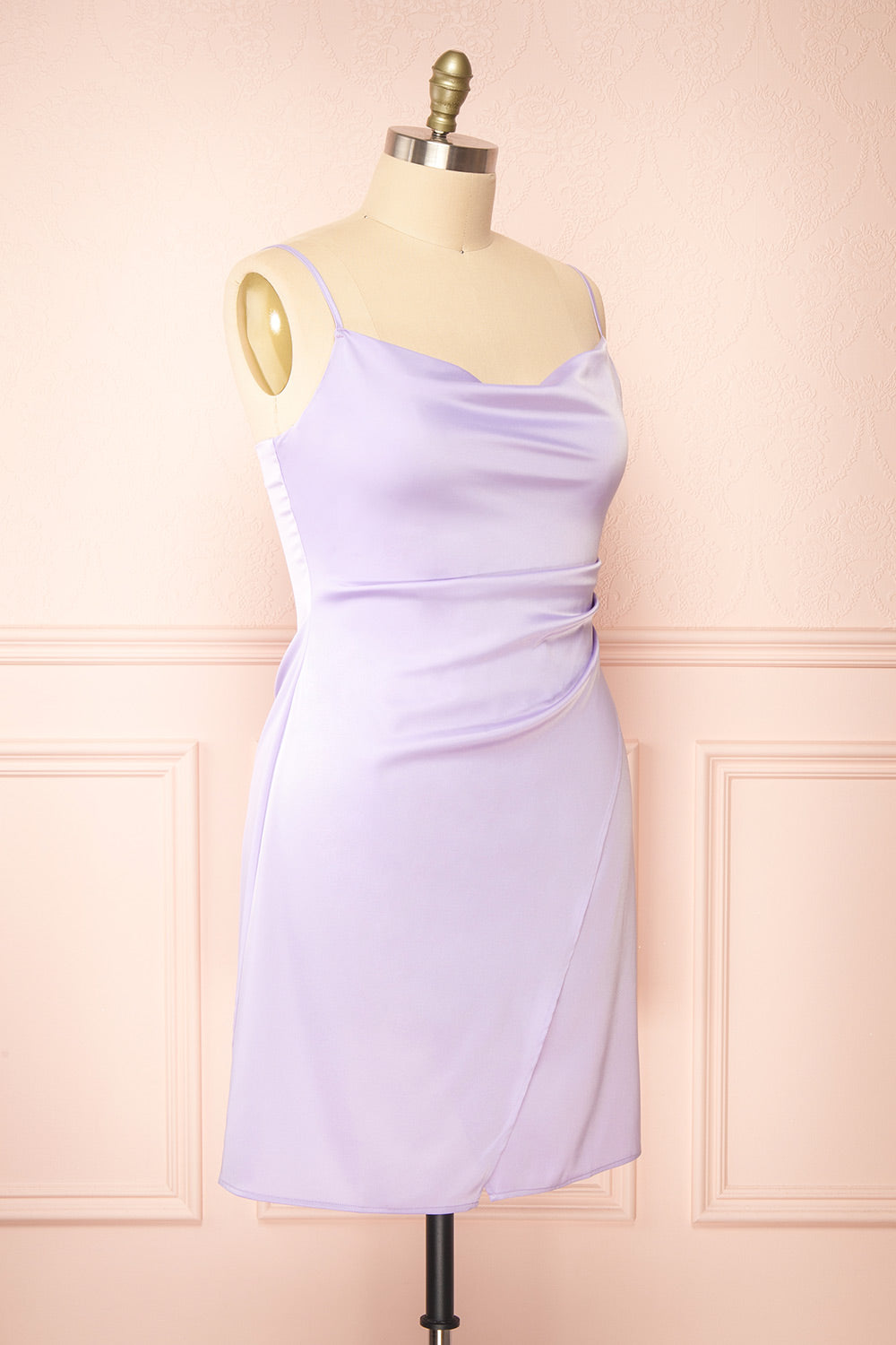 Zaina Lilac Cowl Neck Satin Slip Dress | Boutique 1861 side plus size