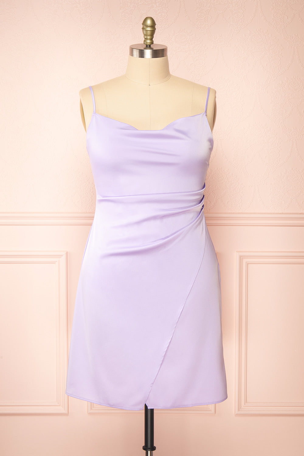 Zaina Lilac Cowl Neck Satin Slip Dress | Boutique 1861  front plus size 